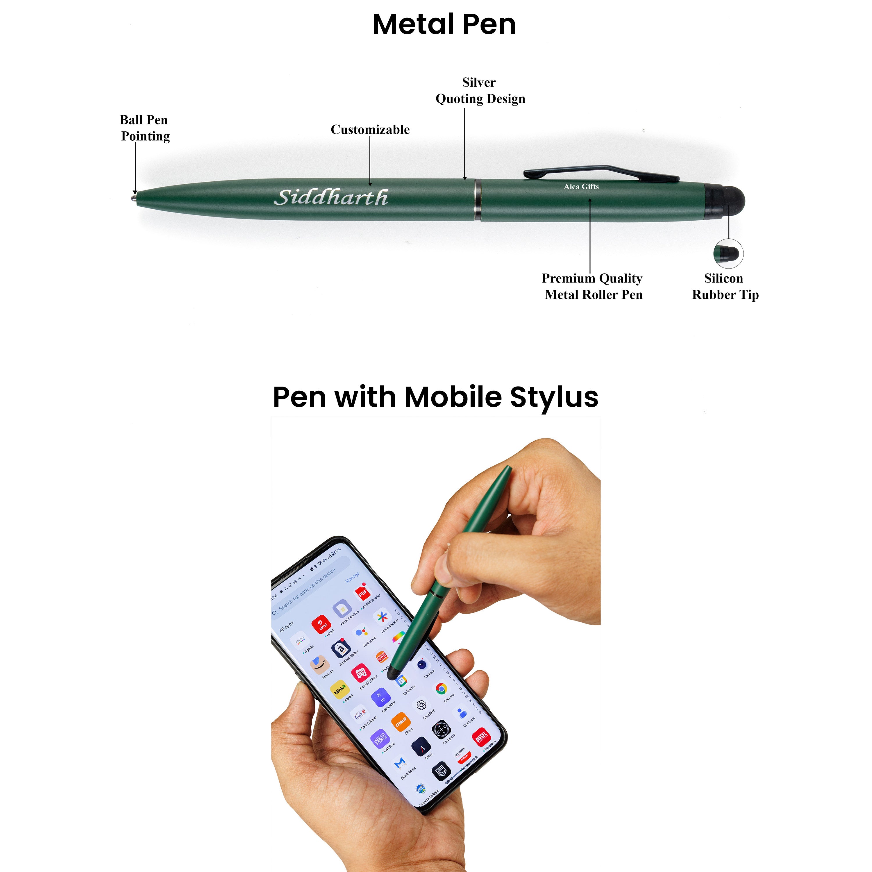 AICA Personalized Mint Green Leather Diary & Metal Pen Combo for Men & Women (Mint Green)