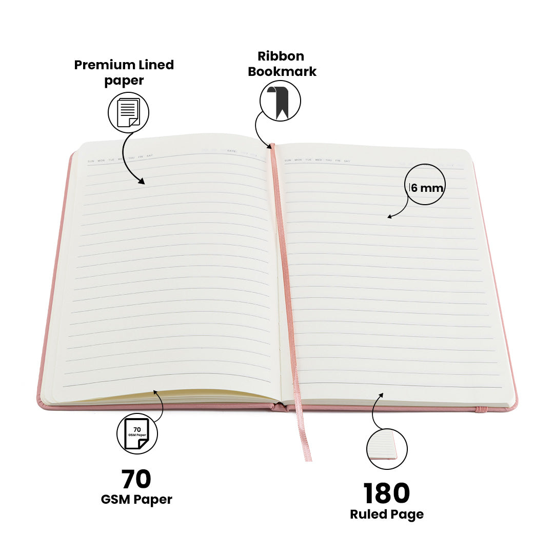 Personalized Name Leather Diary -A5 Size, 180 Ruled Pages (Nude Pink)