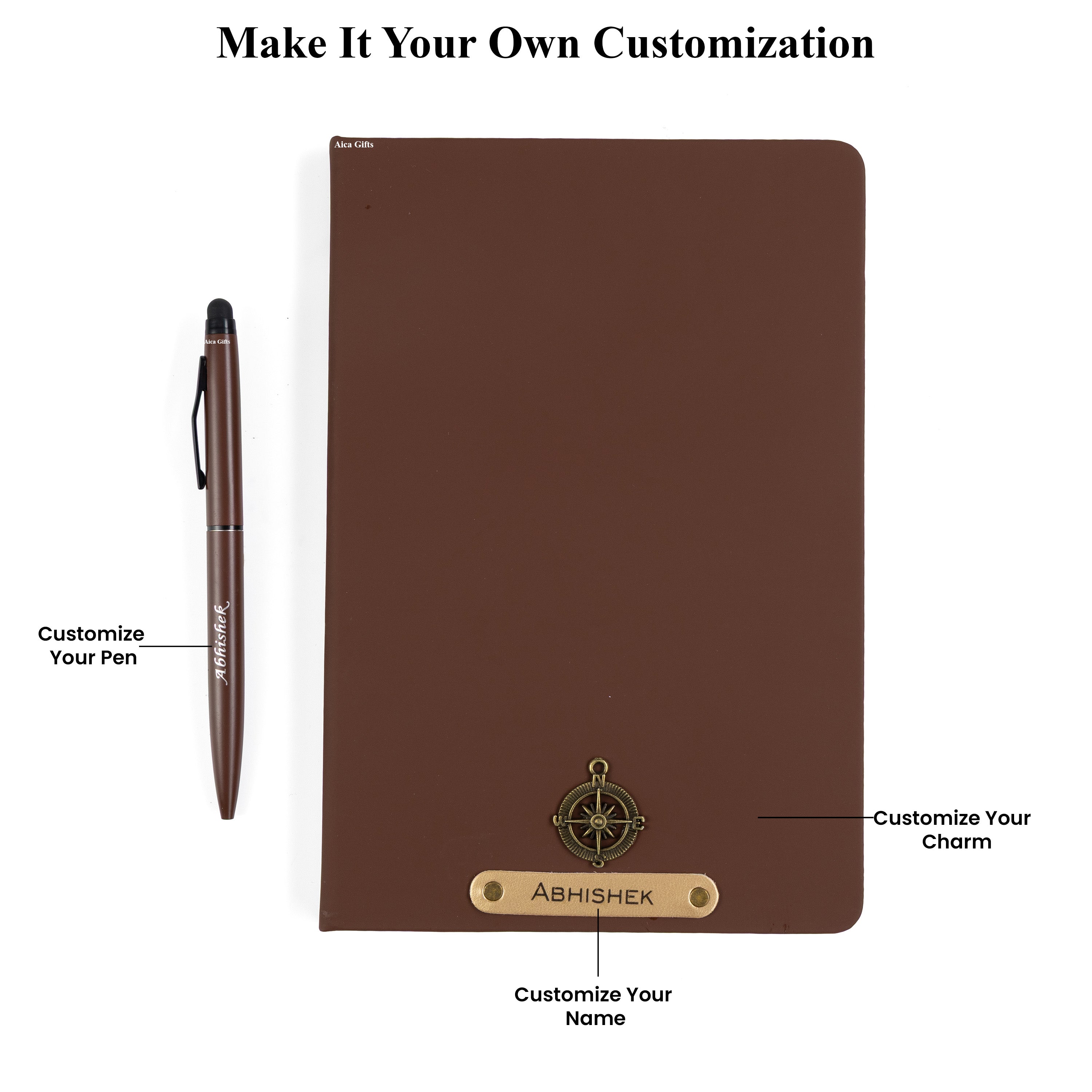 Aica Personalized Black Leather Diary & Golden Pen Combo for Men & Women | Customized Name & Charm, Matching Pen & Journal, Corporate Office Gifts for Staff, Employees, Clients, Managers, Bosses (Dark Brown)