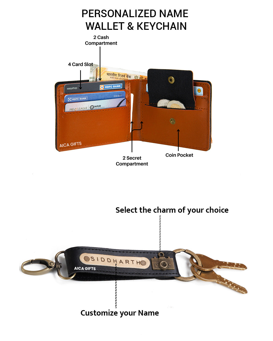 AICA Personalized Name & Charm Leather Wallet & Keychain Giftset for Men (Tan Brown)