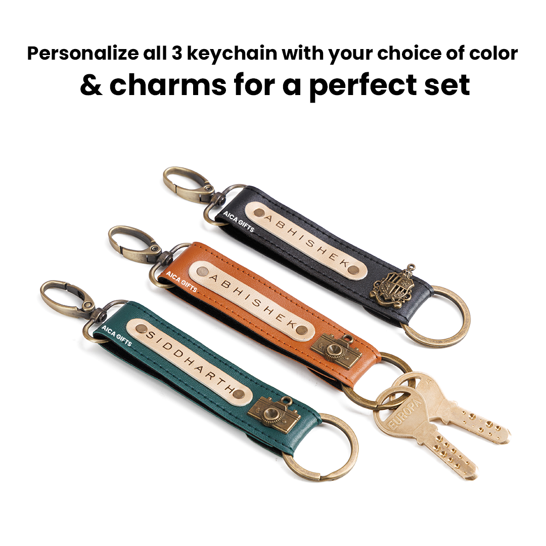AICA Personalized Name, Color & Charm Leather Keychain – Pack of 3