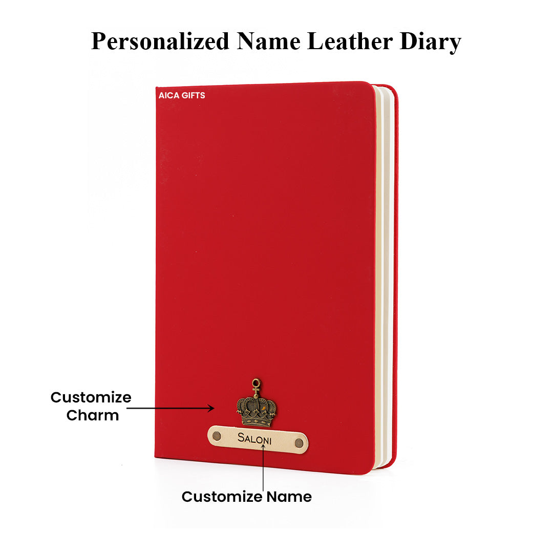 Personalized Name Leather Diary -A5 Size, 180 Ruled Pages (Red)