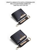 AICA Personalized Name & Charm Leather Wallet & Keychain Giftset for Men (Black)