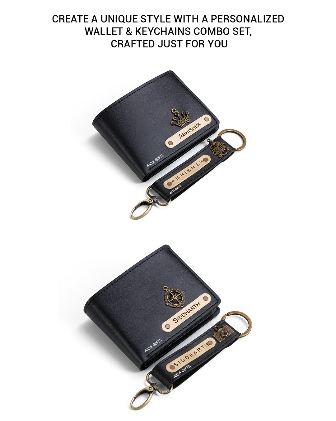 AICA Personalized Name & Charm Leather Wallet & Keychain Giftset for Men (Black)
