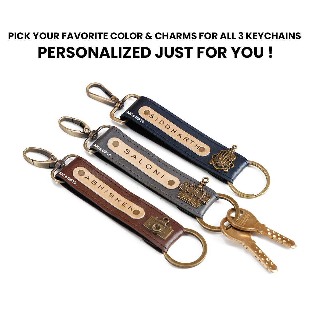 AICA Personalized Name, Color & Charm Leather Keychain – Pack of 3