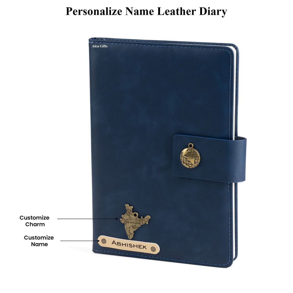 Personalized Name Leather Magnetic Diary A5 Size 200 Pages - Navy Blue