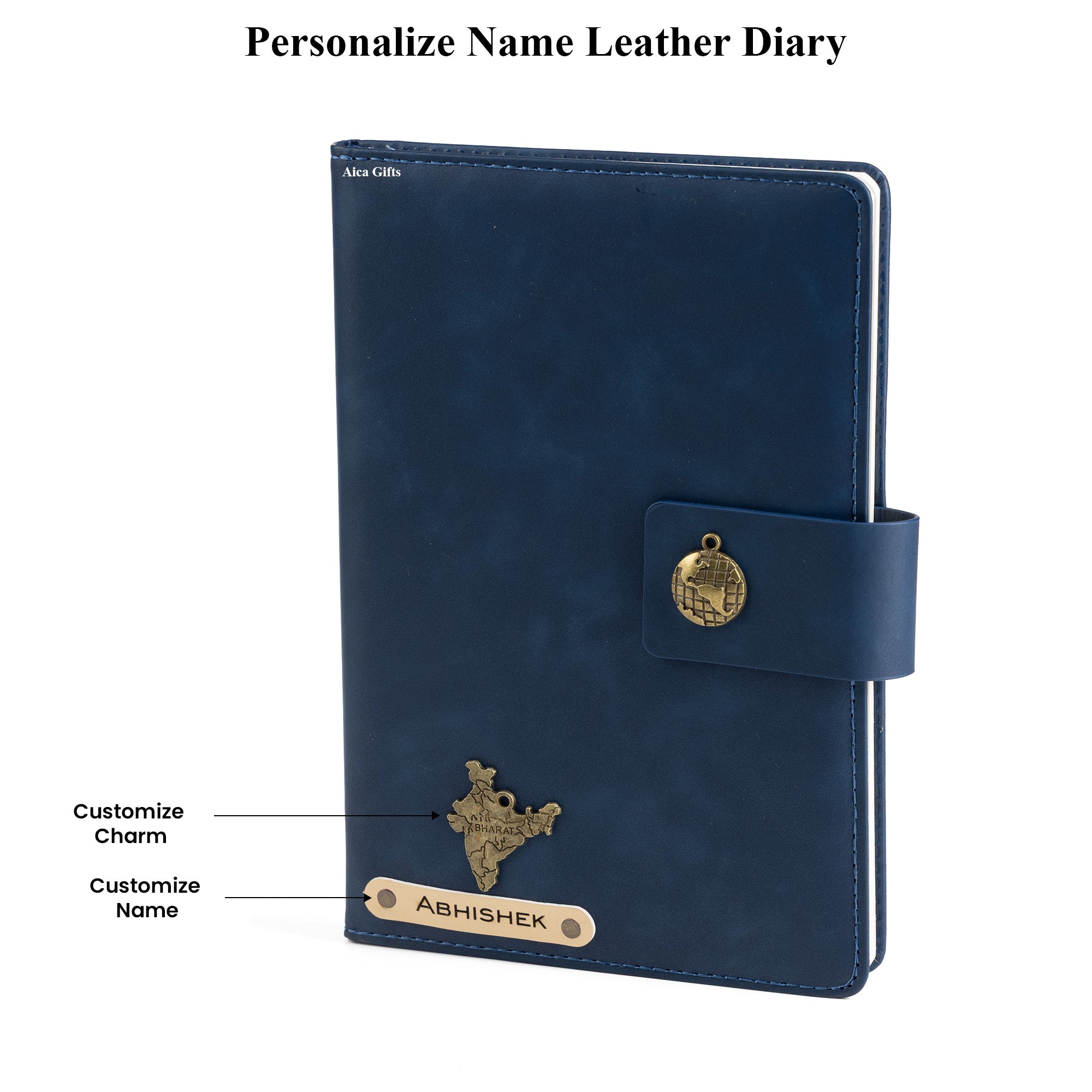 Personalized Name Leather Magnetic Diary A5 Size 200 Pages - Navy Blue