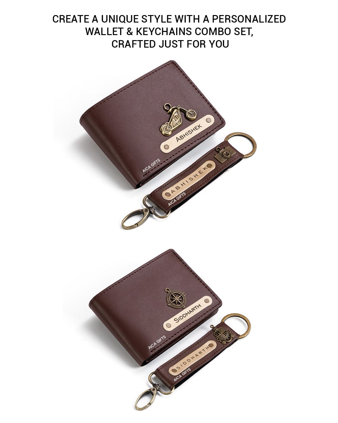 AICA Personalized Name & Charm Leather Wallet & Keychain Giftset for Men ( Dark Brown )