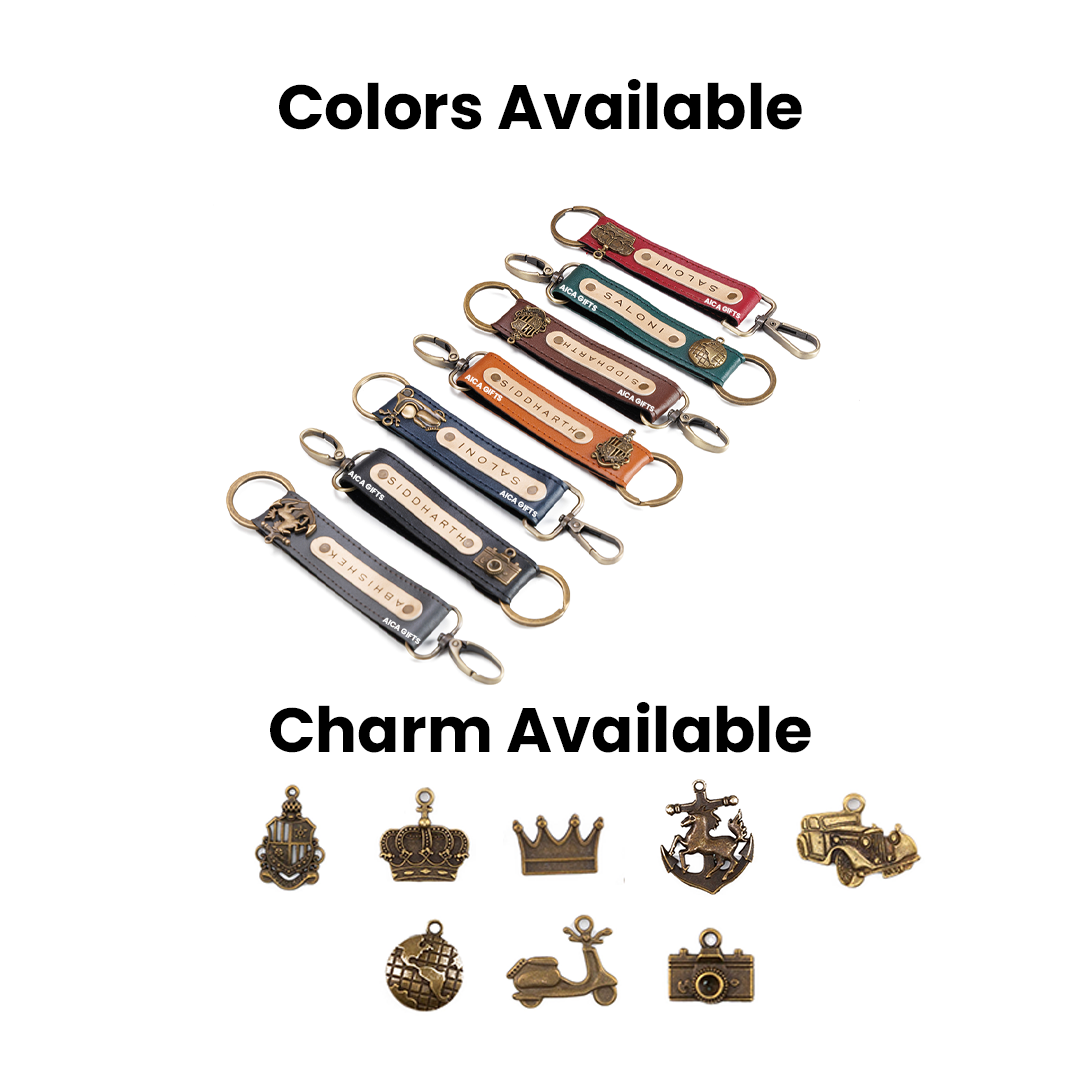 AICA Personalized Name, Color & Charm Leather Keychain – Pack of 3