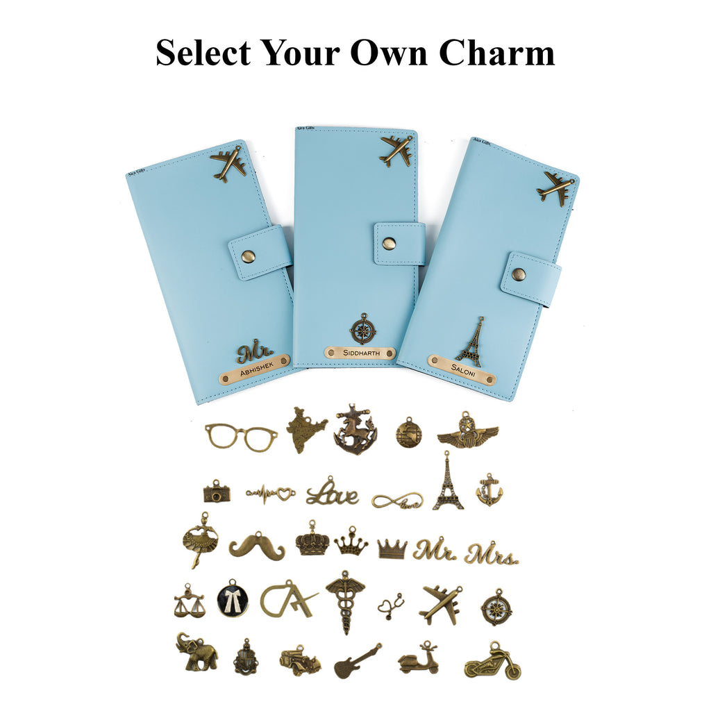 AICA Personalized Name & Charm Long Leather Wallet Passport Cover (BabyBlue)