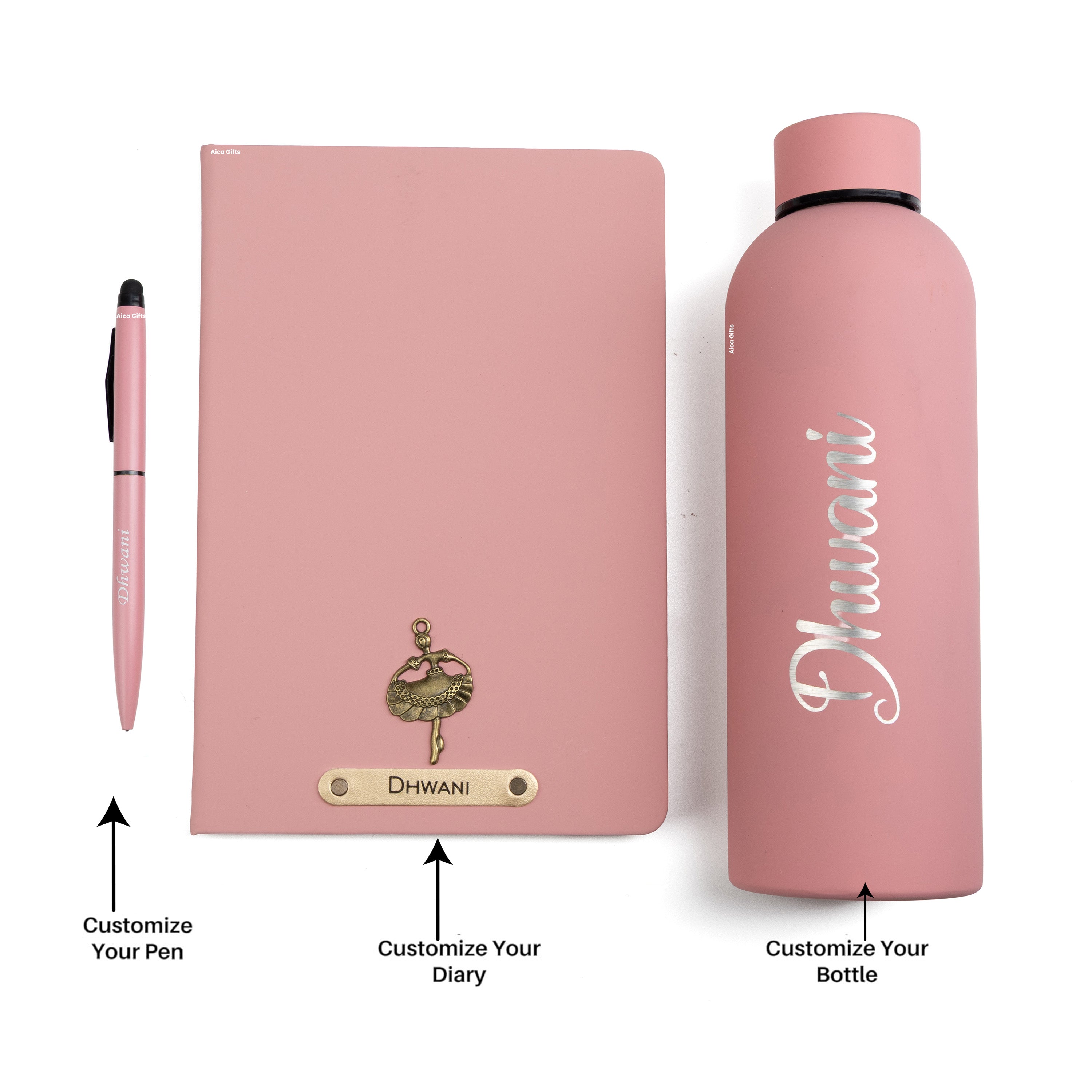 Personalized-  Pen Bottle Diary Combo Giftset - Nudepink