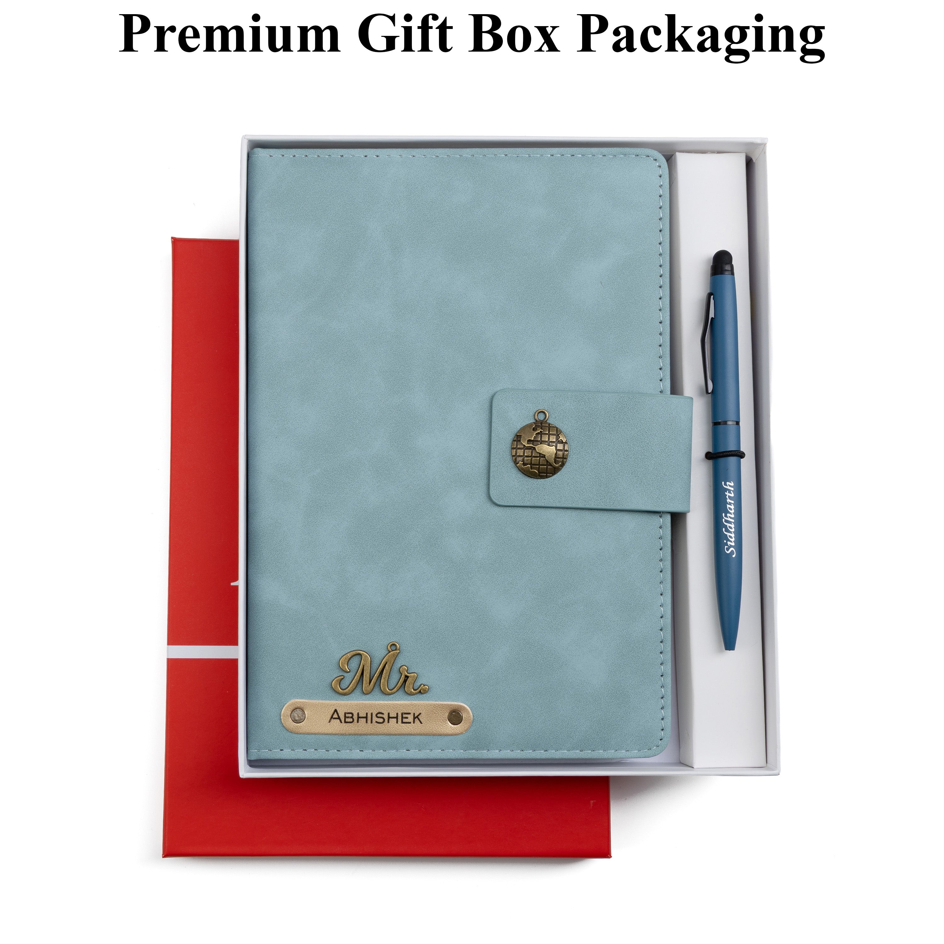 AICA Personalized Name & Charm Leather Magnetic Diary & Pen Combo (Light Blue)