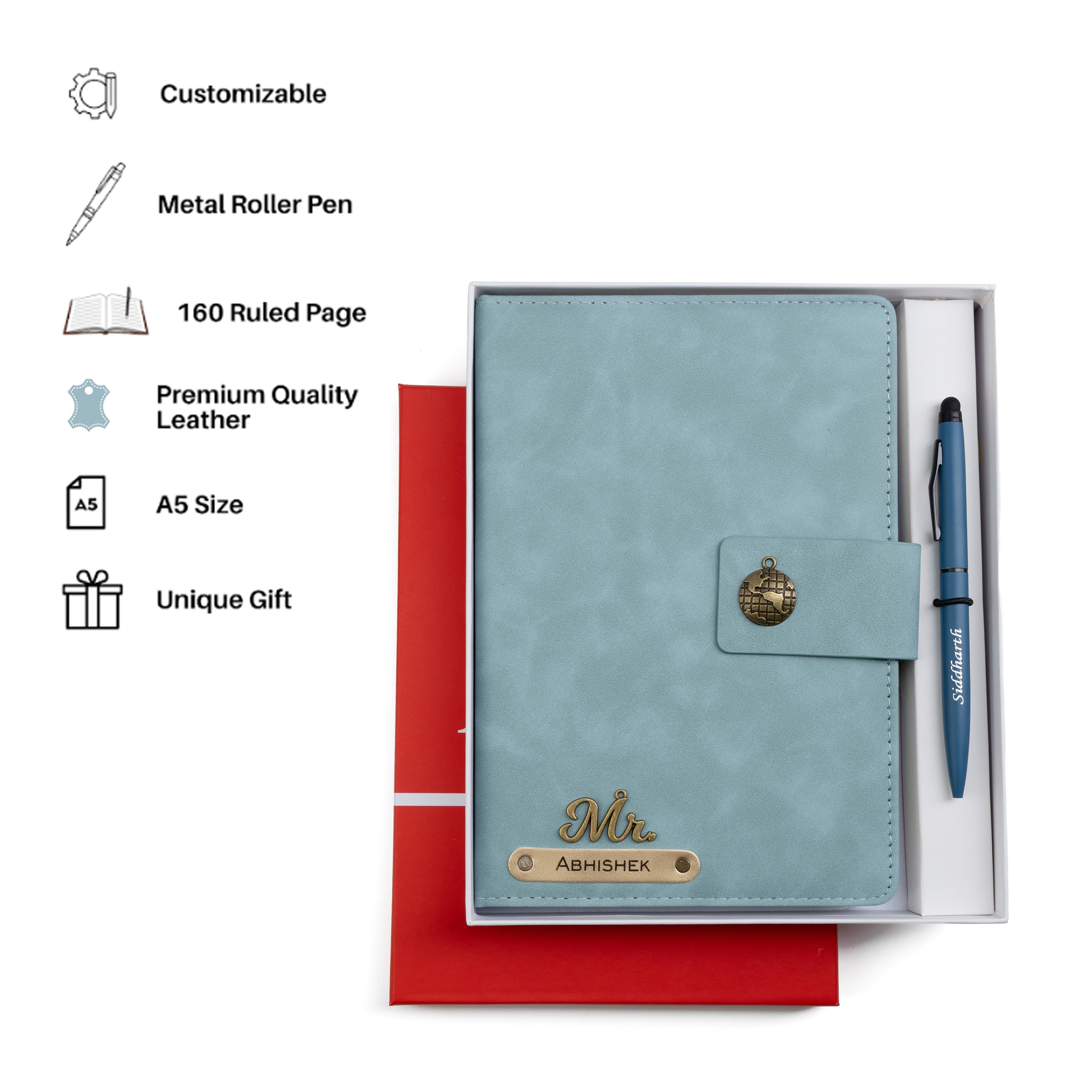AICA Personalized Name & Charm Leather Magnetic Diary & Pen Combo (Light Blue)