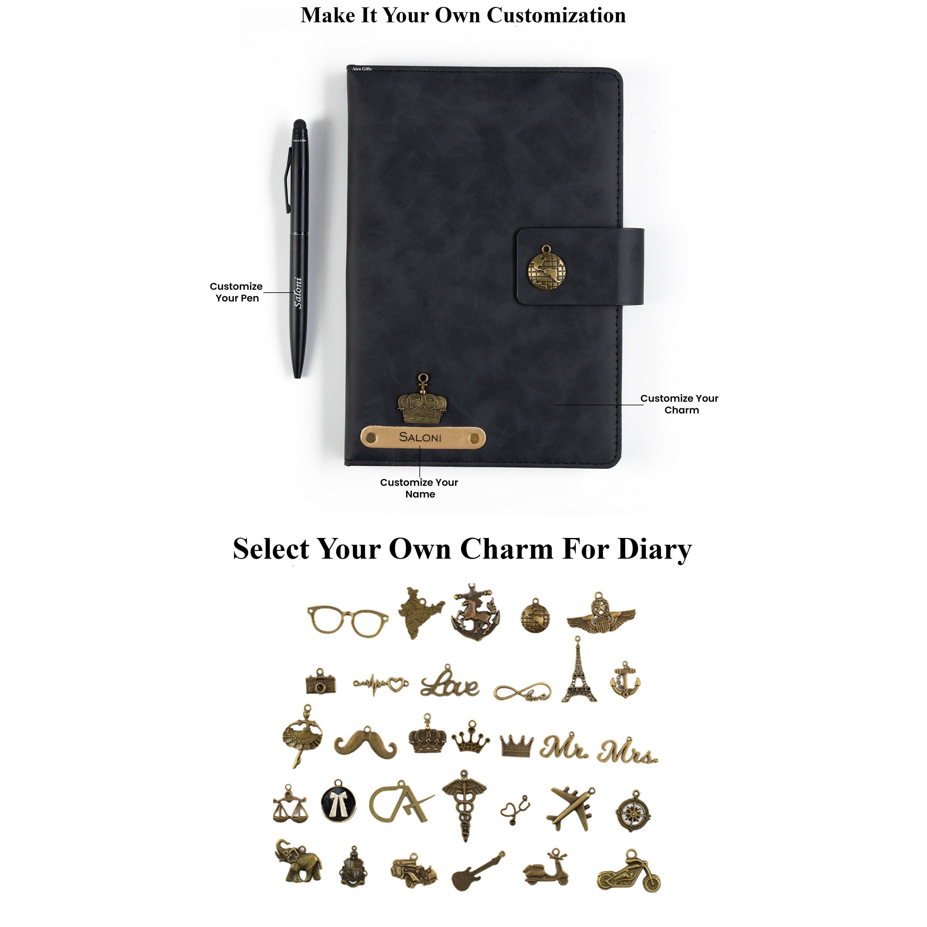 AICA Personalized Name & Charm Leather Magnetic Diary & Pen Combo (Black)