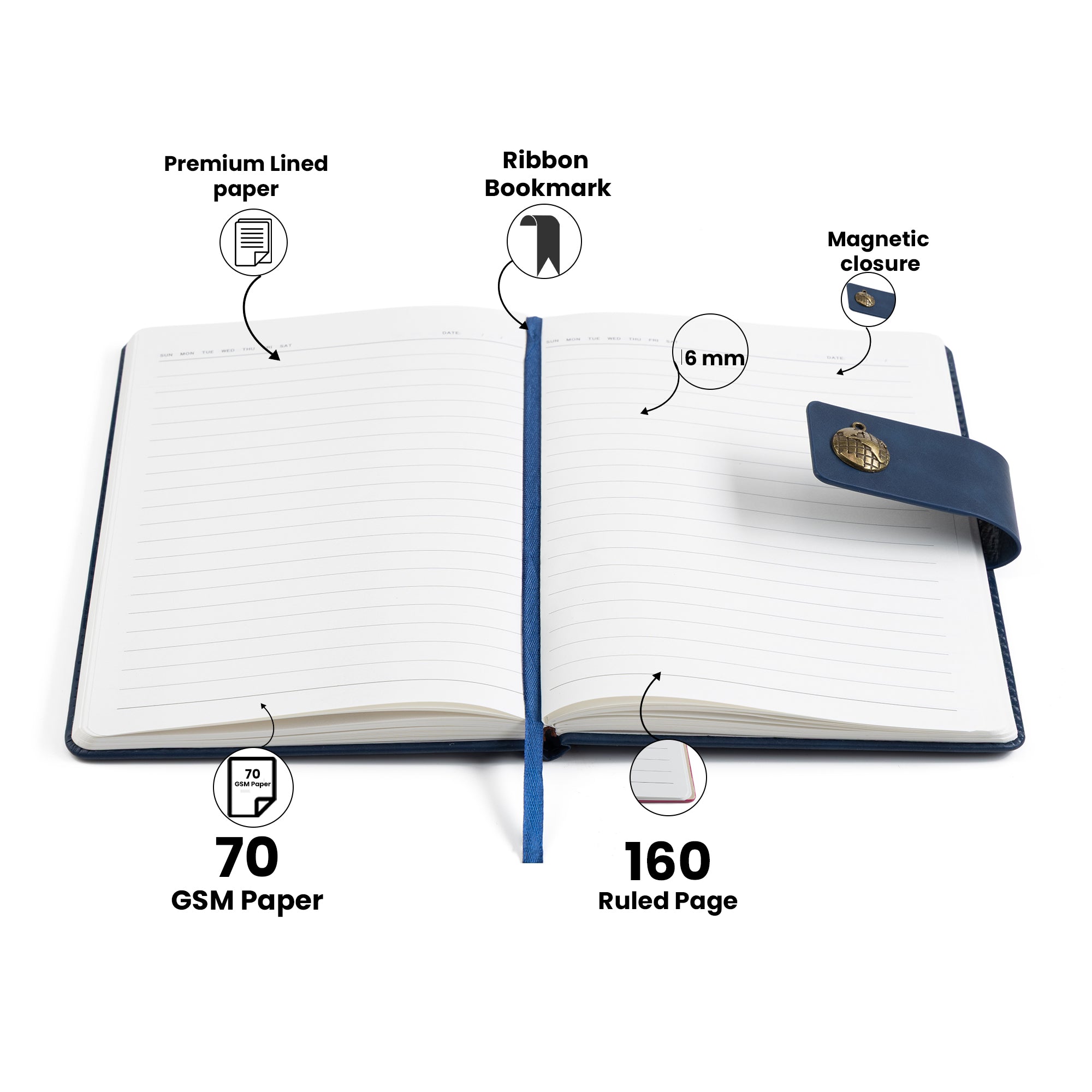 AICA Personalized Name & Charm Leather Magnetic Diary & Pen Combo (Navyblue)
