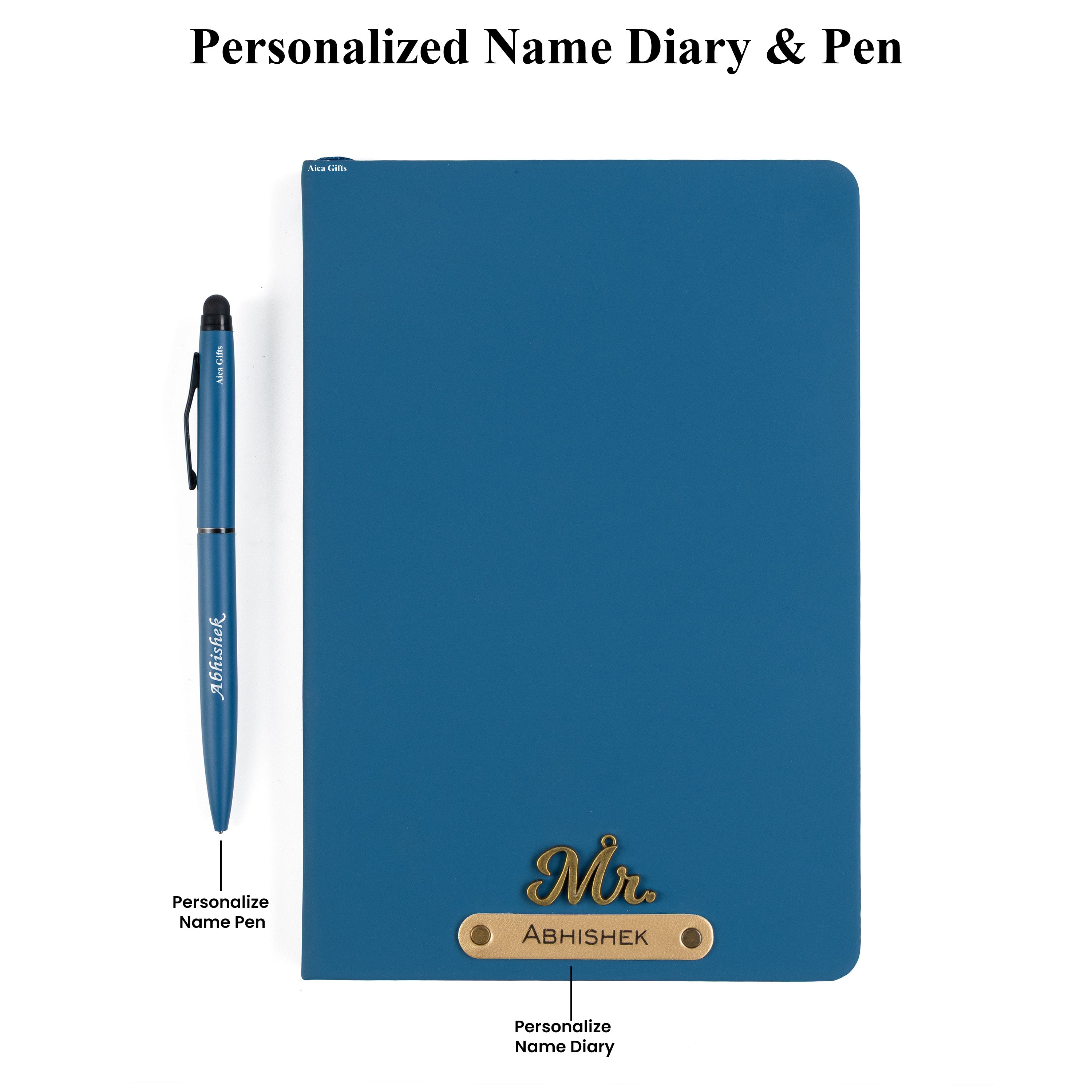 Aica Personalized Name & Charm Notebook Leather Diary - A5 Size, 180 Ruled Pages (Navy Blue) & Pen Golden Combo for Men & Women