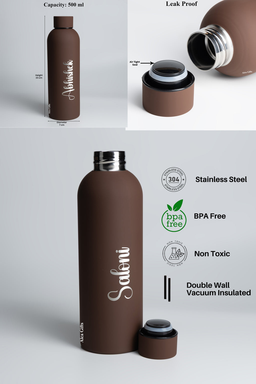 Personalized Name Stainless Steel Water Bottle - 500ml, Hot & Cold - Dark Brown