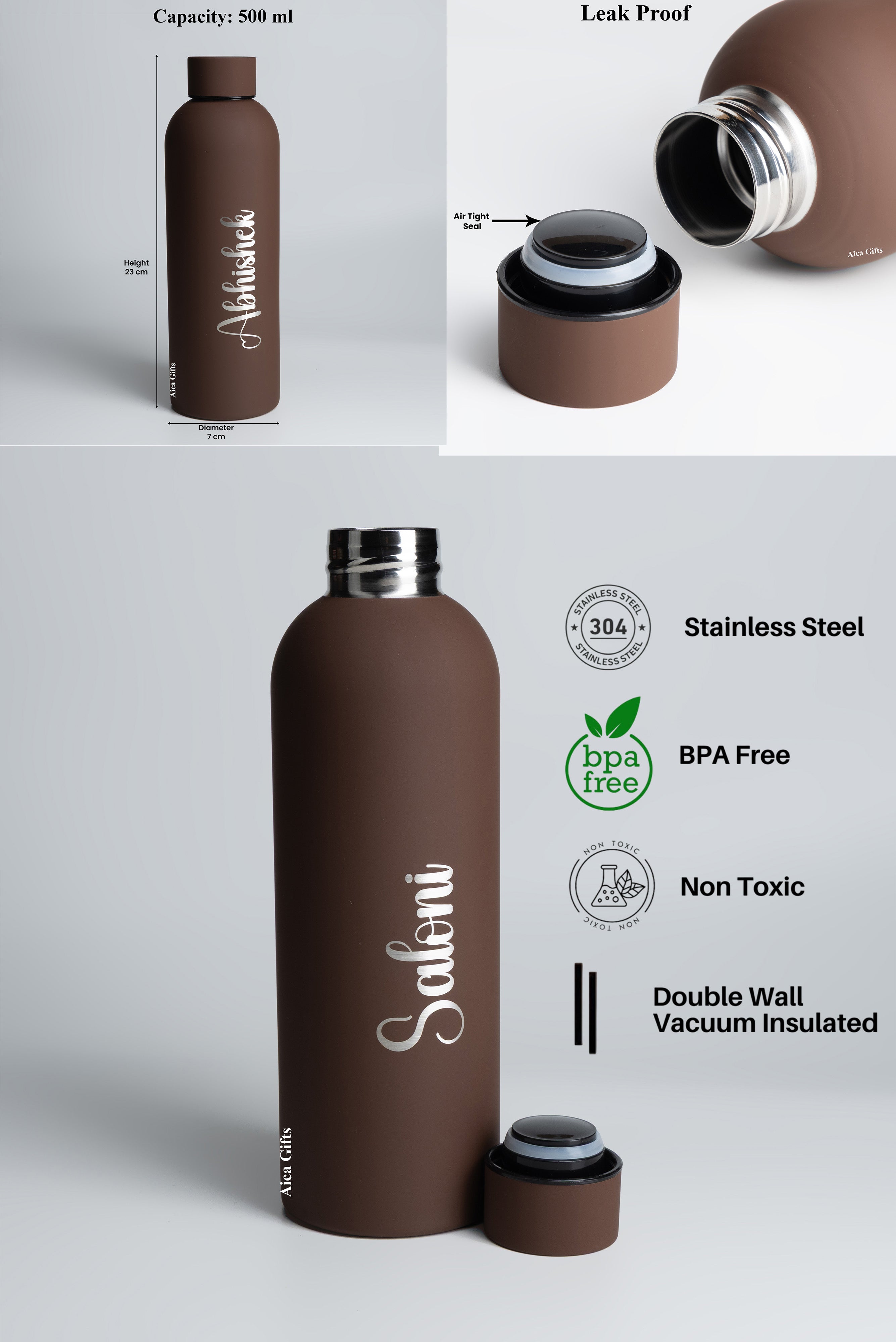 Personalized Name Stainless Steel Water Bottle - 500ml, Hot & Cold - Dark Brown