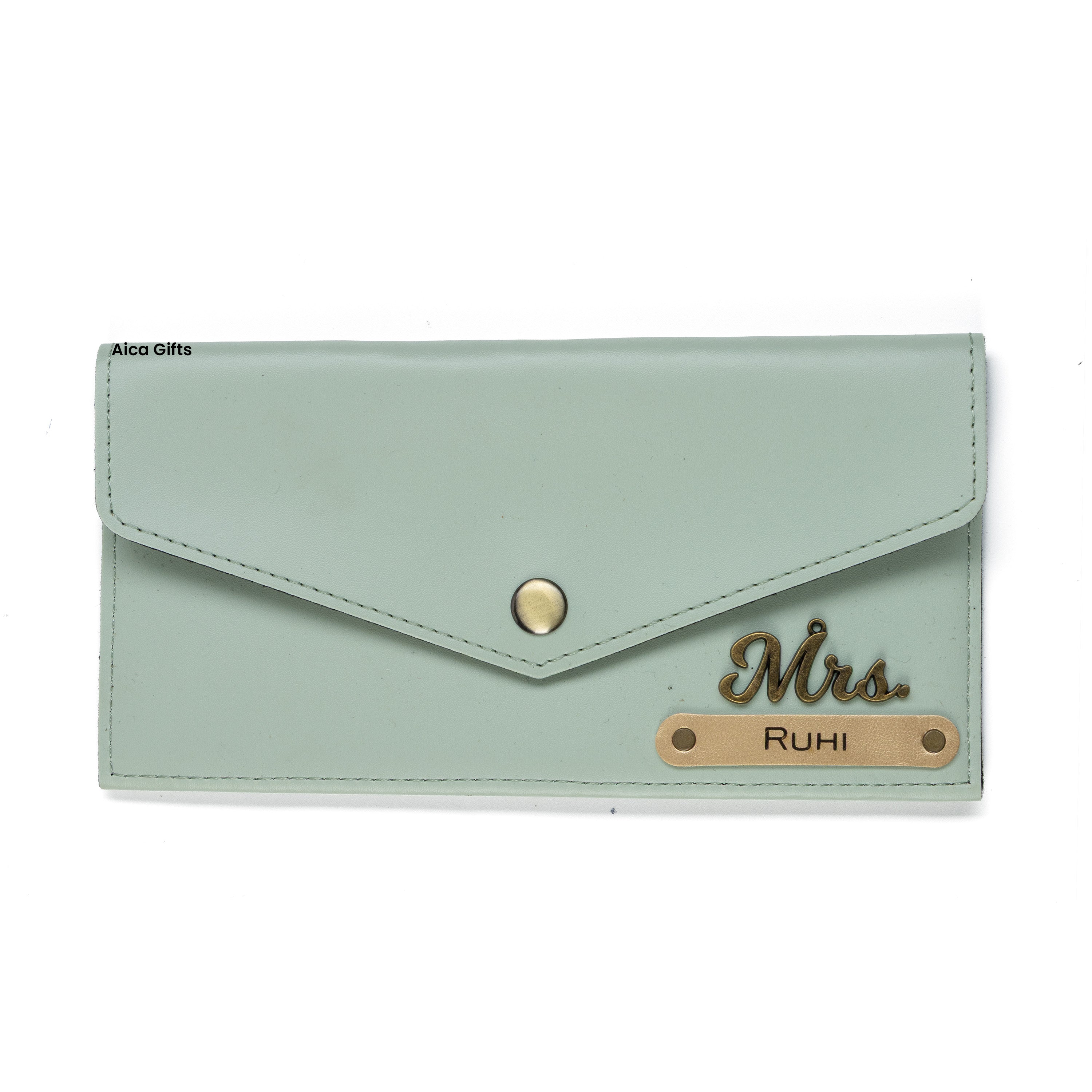 AICA Personalised Name & Charm Leather Wallet Gift for Women (Mint Green)