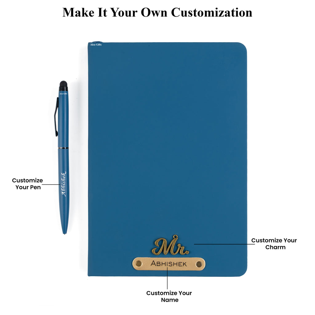 Aica Personalized Name & Charm Notebook Leather Diary - A5 Size, 180 Ruled Pages (Navy Blue) & Pen Golden Combo for Men & Women