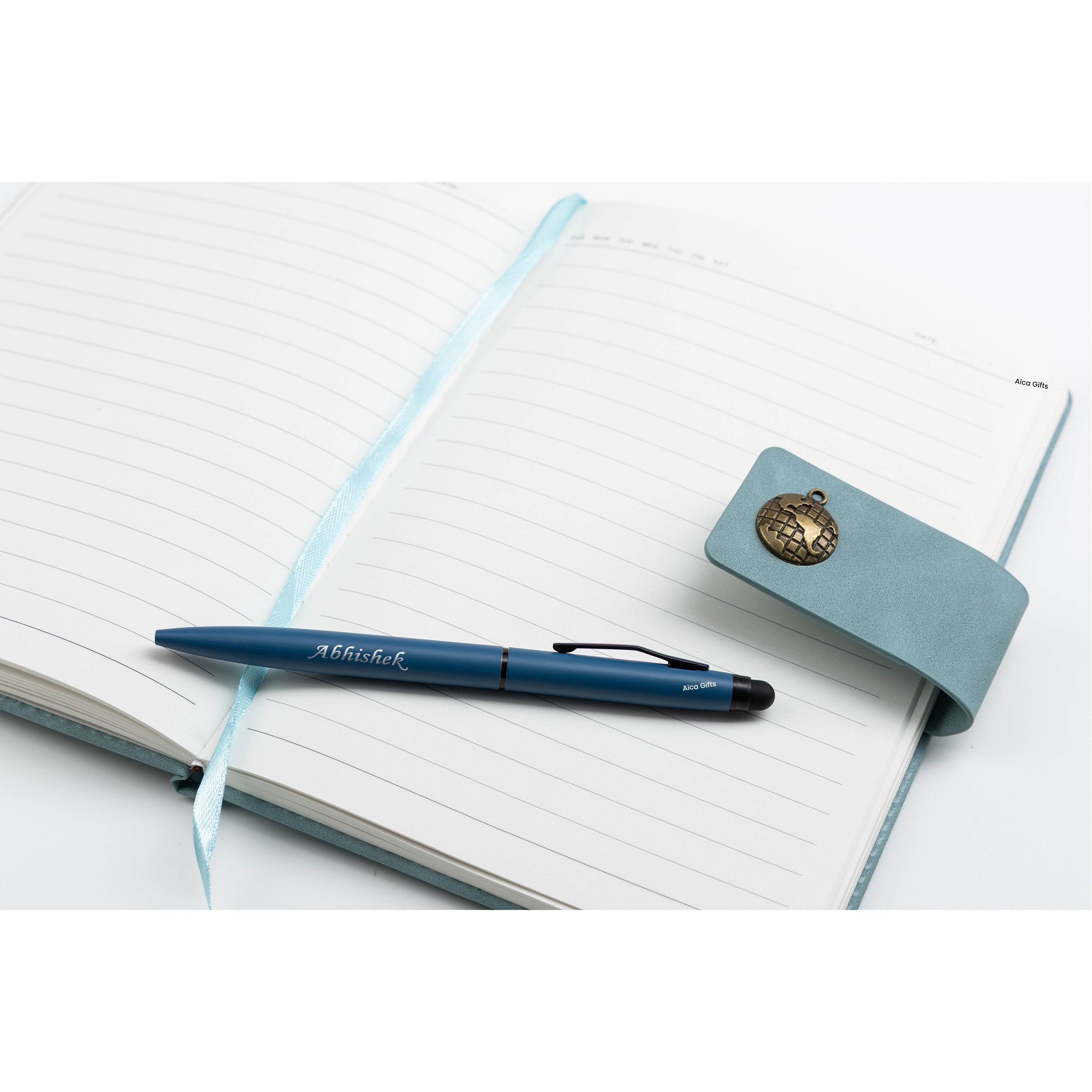 AICA Personalized Name & Charm Leather Magnetic Diary & Pen Combo (Light Blue)