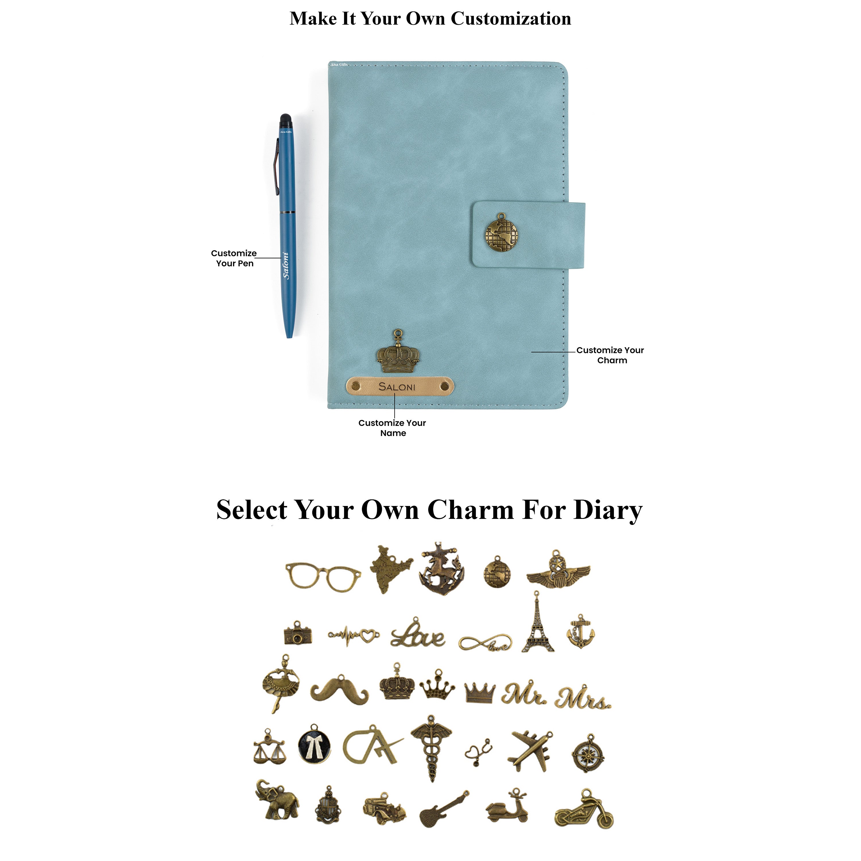 AICA Personalized Name & Charm Leather Magnetic Diary & Pen Combo (Light Blue)