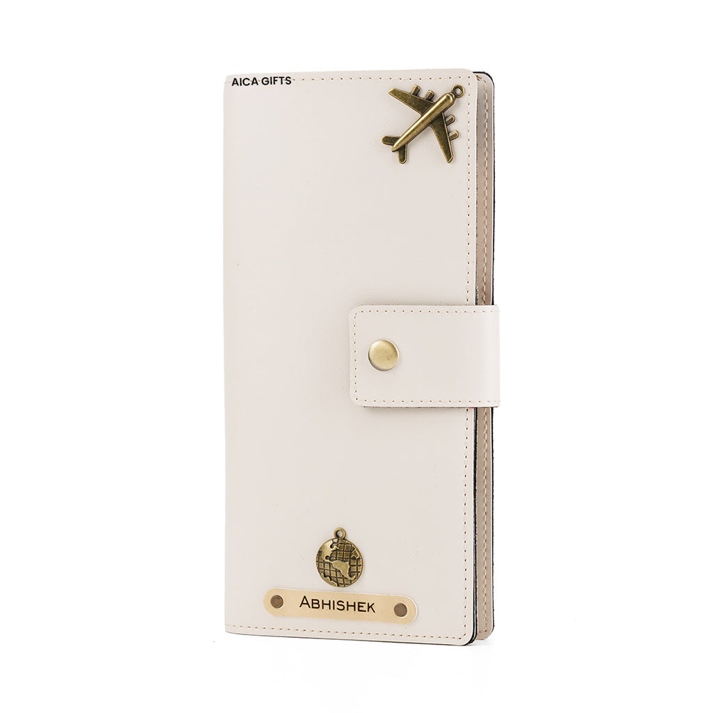 AICA Personalized Name & Charm Long Leather Wallet Passport Cover (Cream)