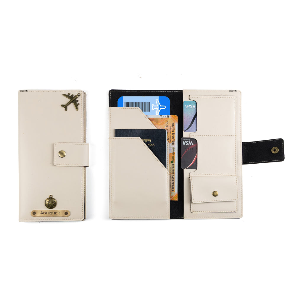 AICA Personalized Name & Charm Long Leather Wallet Passport Cover (Cream)