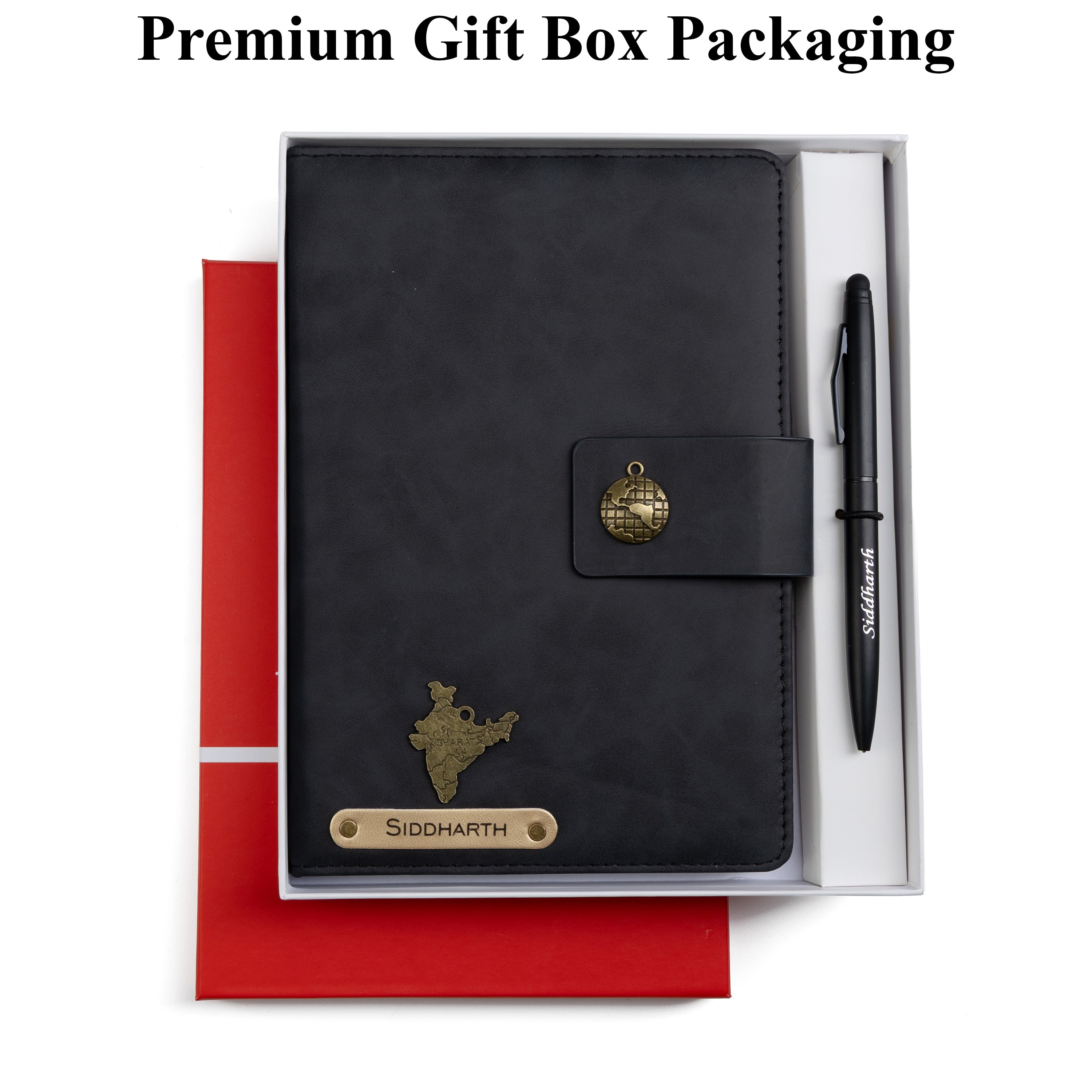 AICA Personalized Name & Charm Leather Magnetic Diary & Pen Combo (Black)
