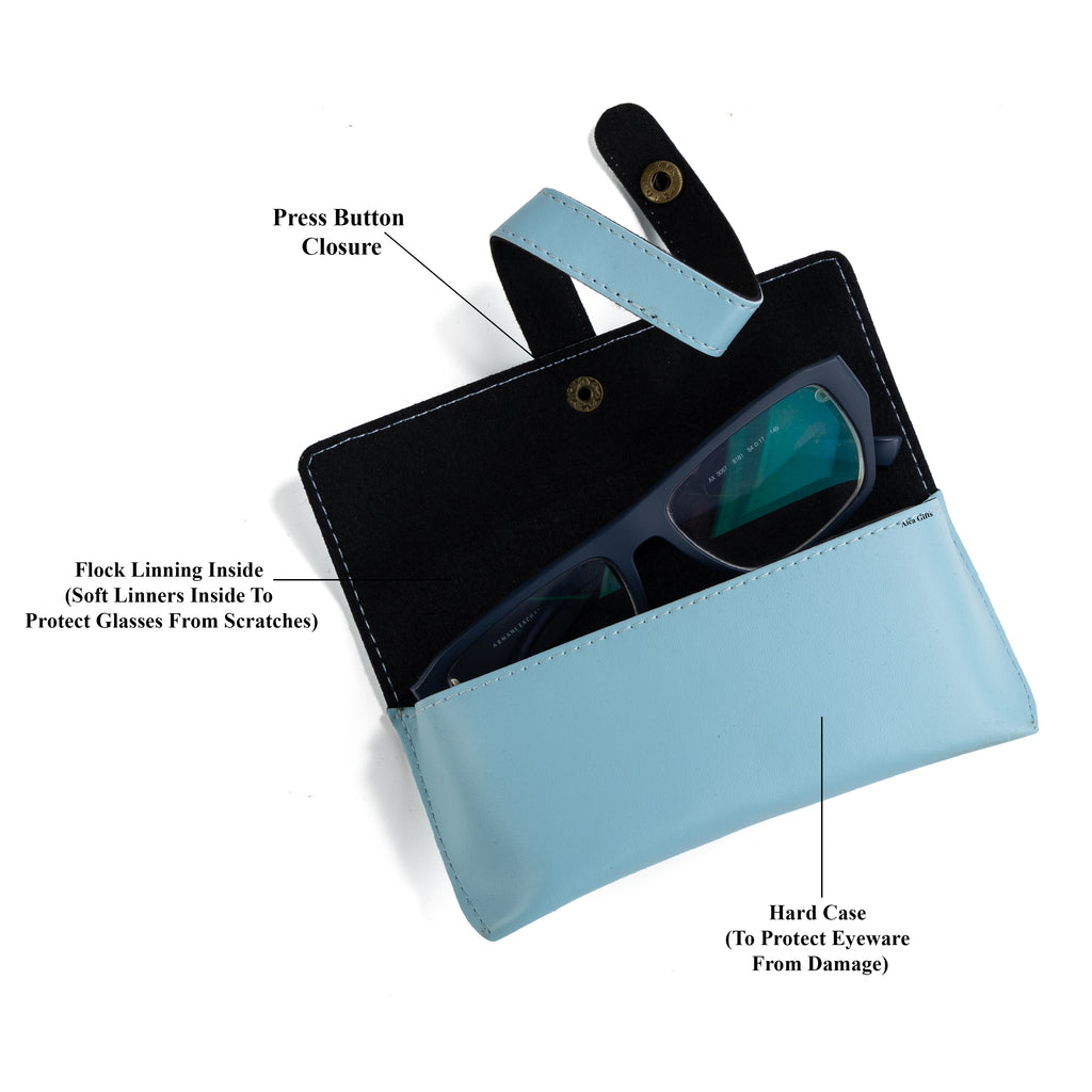 AICA Personalised Name & Charm Leather Sunglass Case Cover for Men & Women (Babyblue)