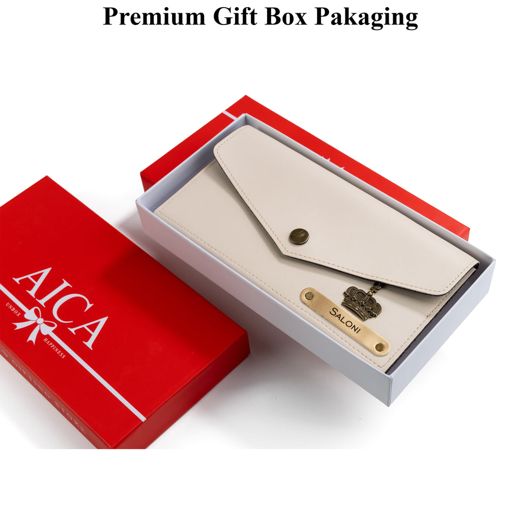 AICA Personalized Name & Charm Leather Wallet Gift for Women (Cream)