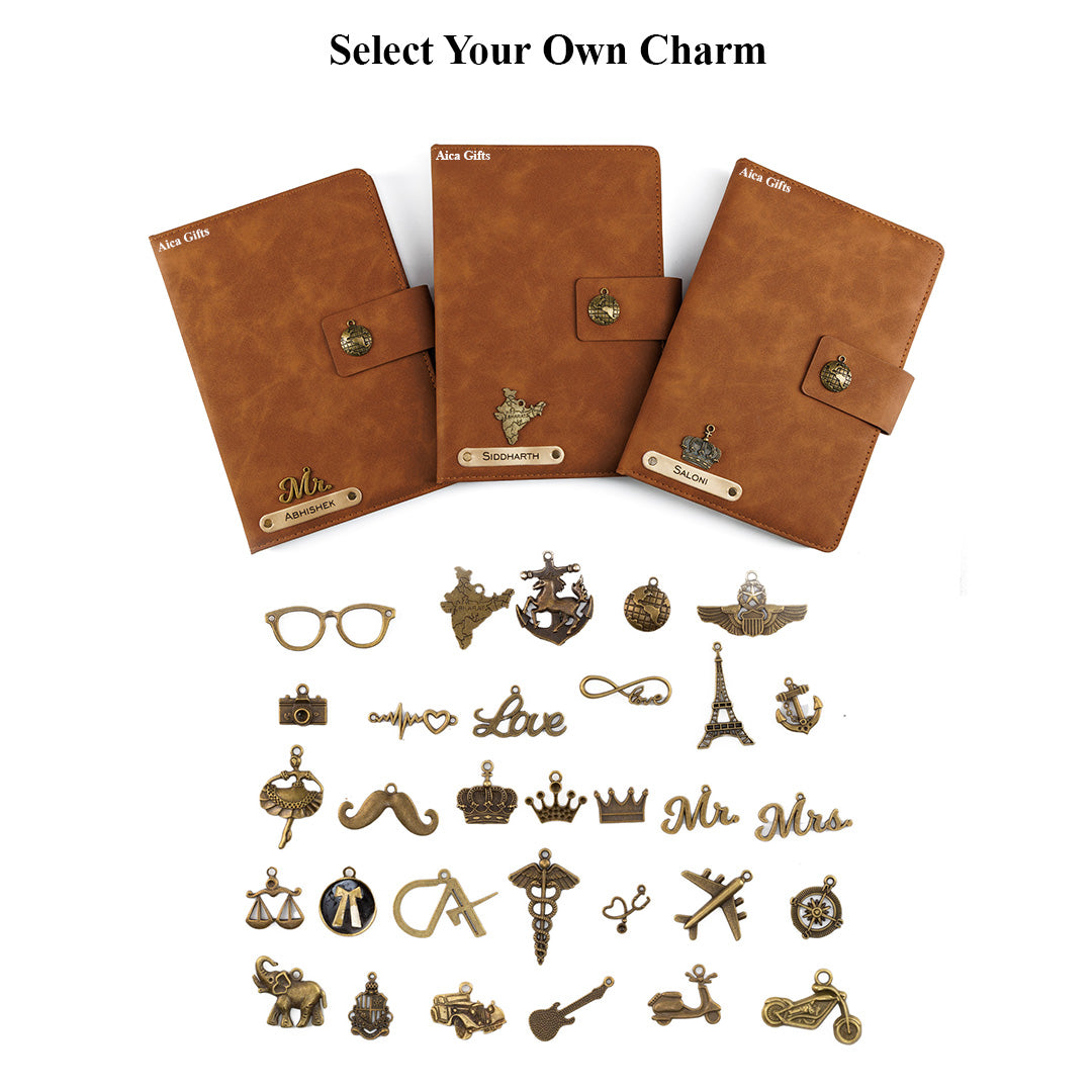 AICA Personalized Name & Charm Leather Magnetic Diary & Pen Combo