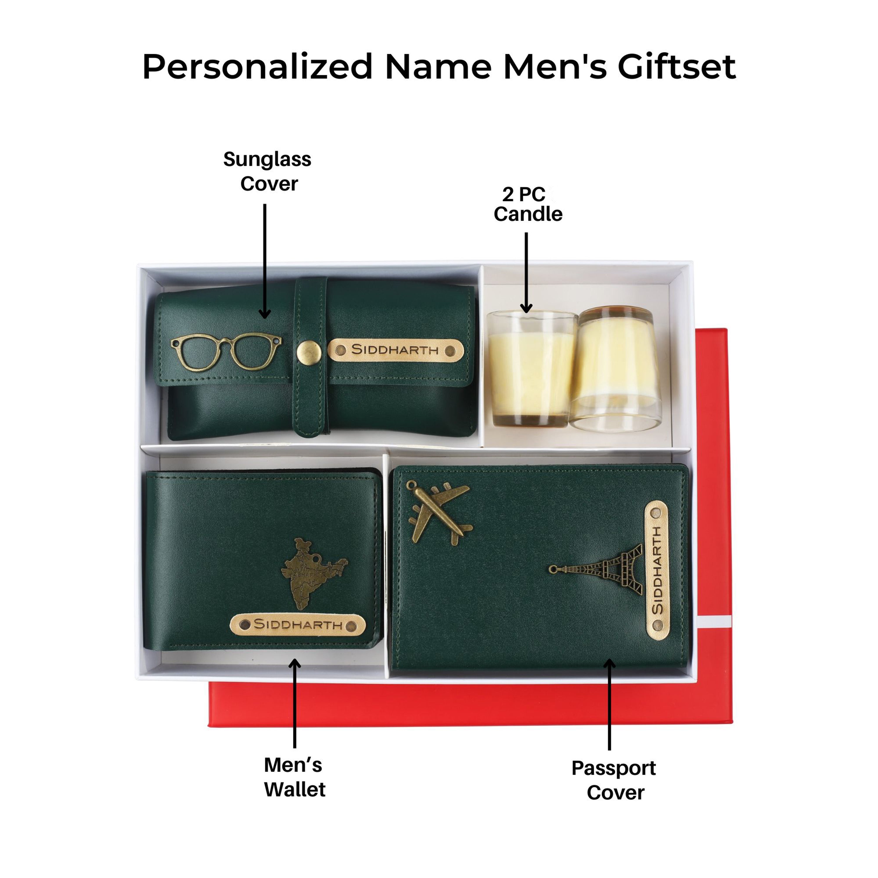 Aica Personalized Name & Charm Leather Men's Combo (Dark Green)