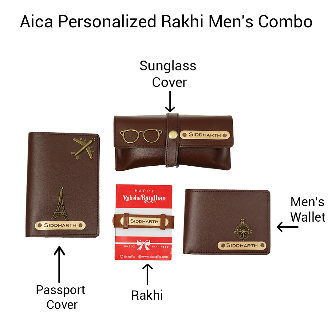 AICA Personalized Name Leather Men's Rakhi Combo for Brother ( Dark Brown )