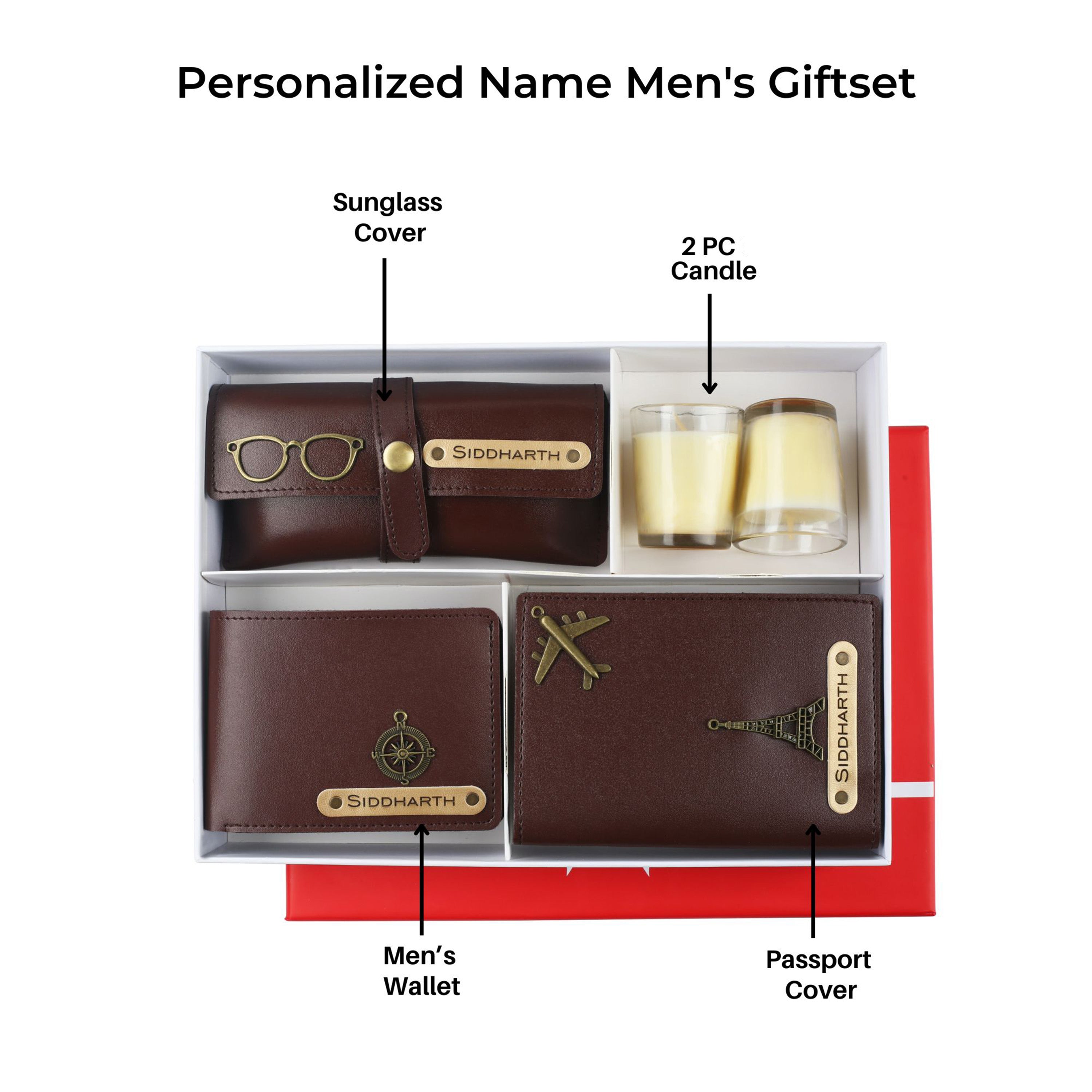 Aica Personalized Name & Charm Leather Men's Combo (Dark Brown)