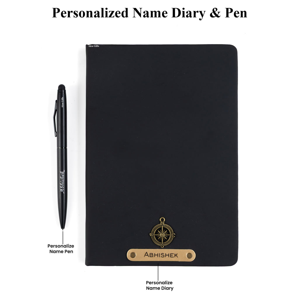 AICA Personalized Name & Charm Notebook Leather Diary - A5 Size, 180 Ruled Pages (Black) & Pen Golden for Men & Women