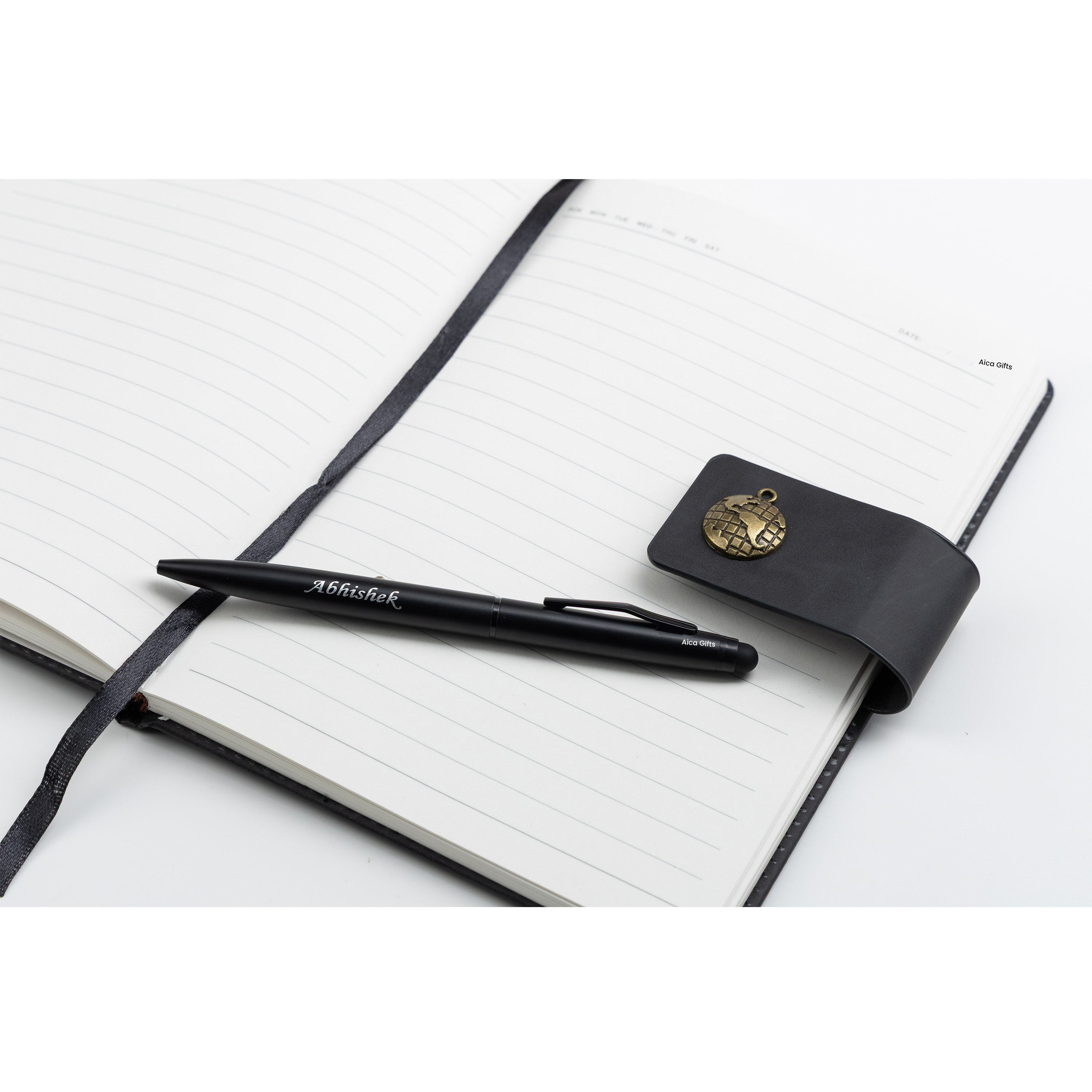 AICA Personalized Name & Charm Leather Magnetic Diary & Pen Combo (Black)