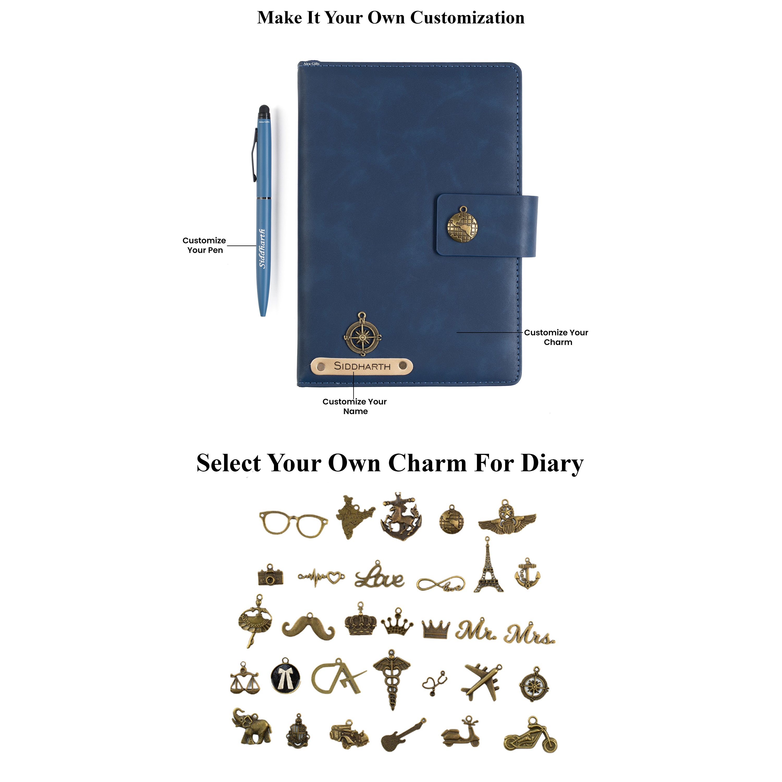 AICA Personalized Name & Charm Leather Magnetic Diary & Pen Combo (Navyblue)