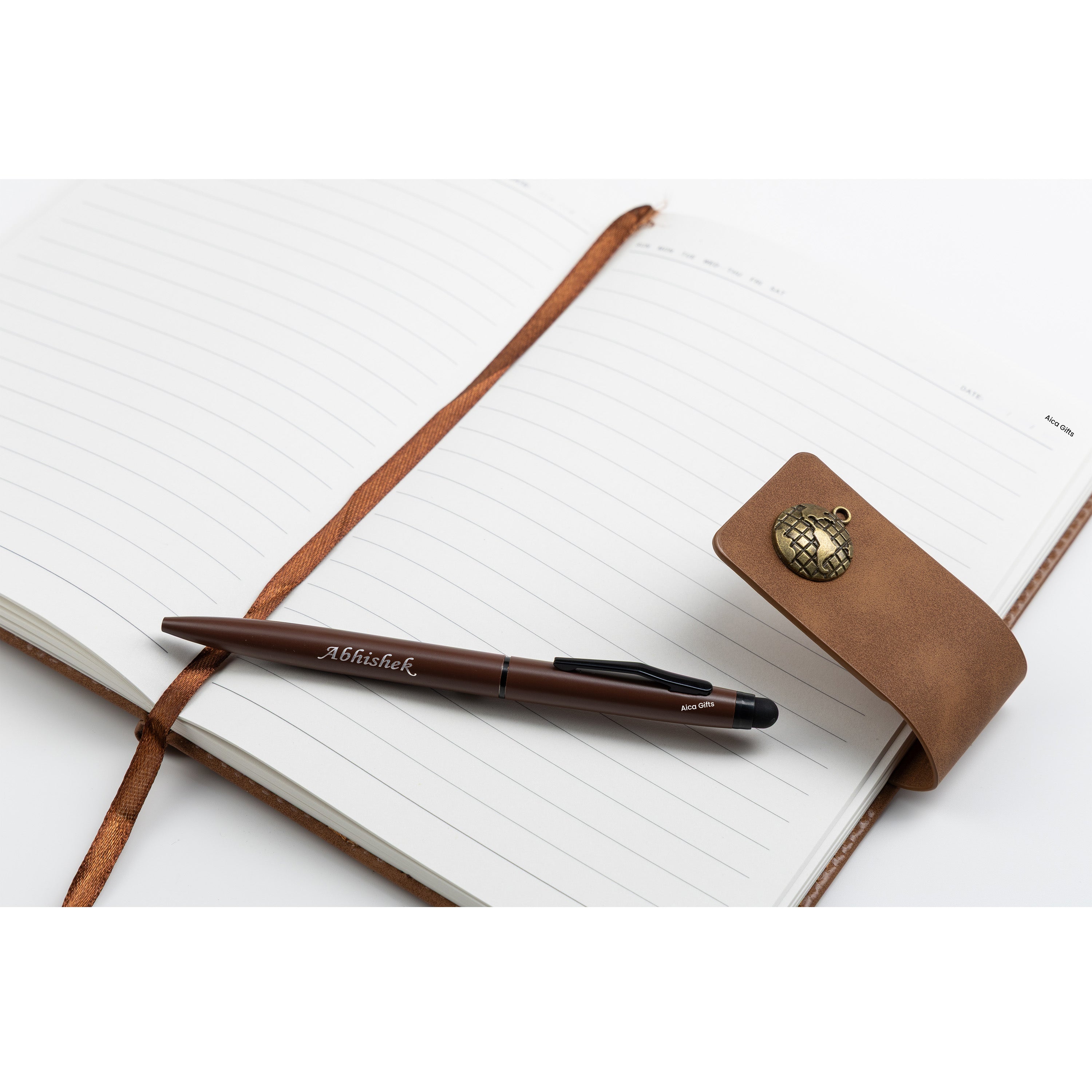AICA Personalized Name & Charm Leather Magnetic Diary & Pen Combo (Brown)