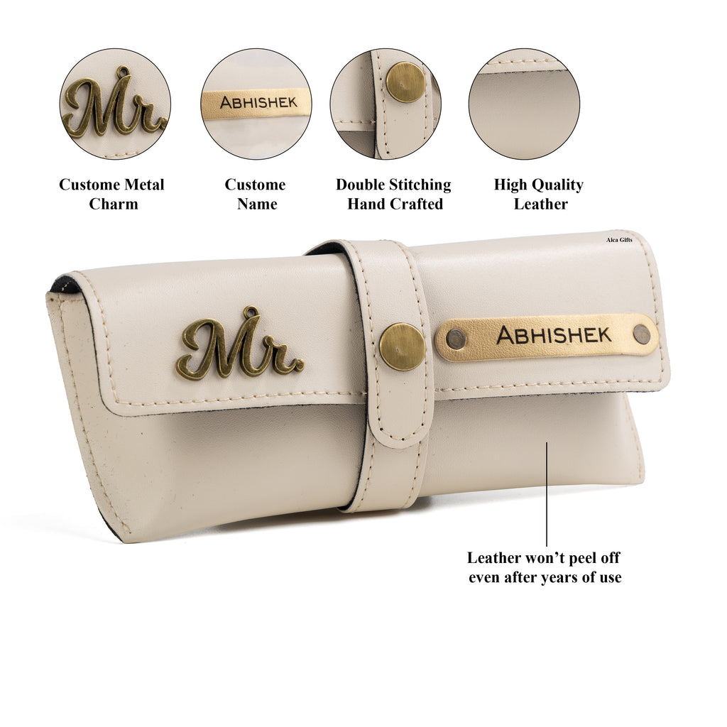 AICA Personalised Name & Charm Leather Sunglass Case Cover for Men & Women (Cream)
