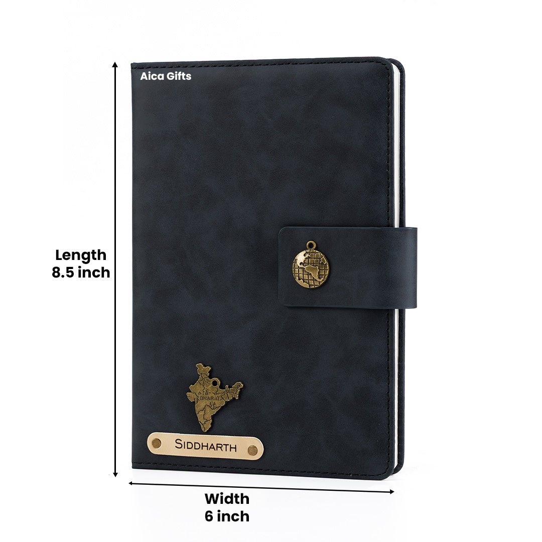 AICA Personalized Name & Charm Leather Magnetic Diary & Pen Combo (Black)