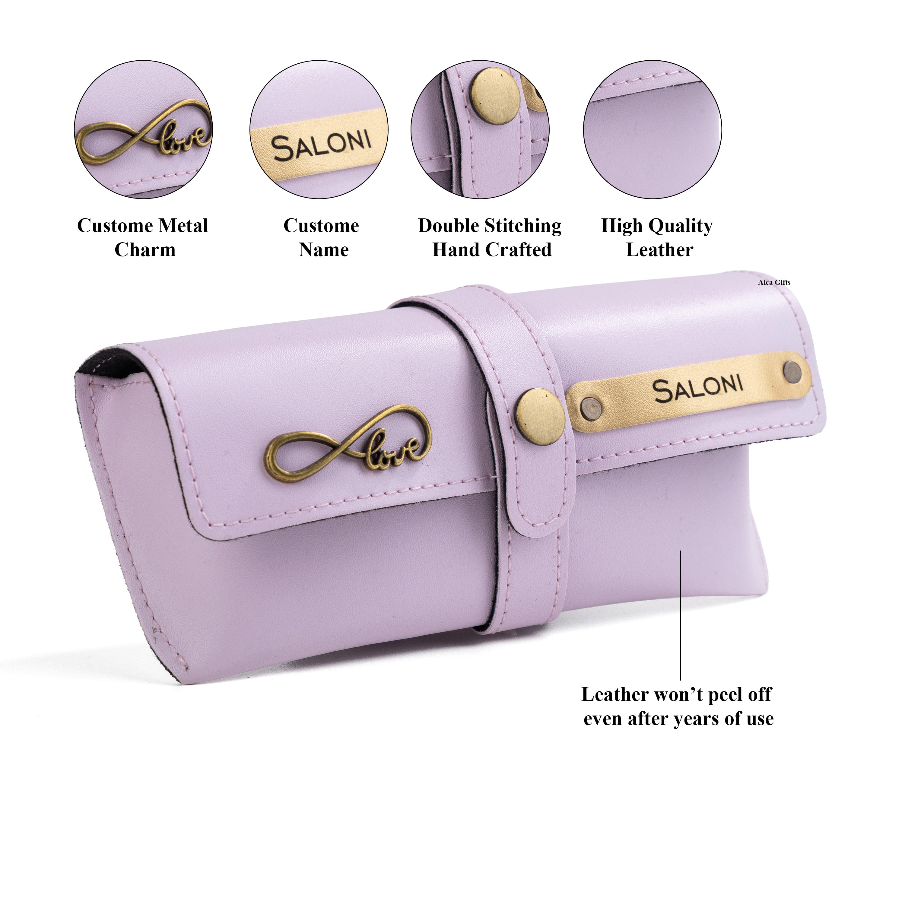 AICA Personalised Name & Charm Leather Sunglass Case Cover for Men & Women (Purple)