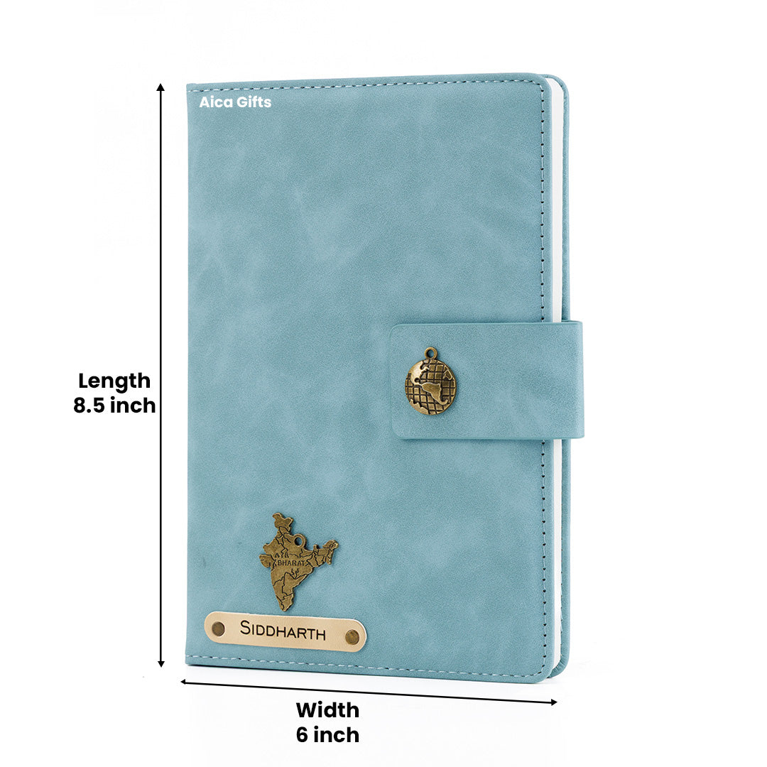 AICA Personalized Name & Charm Leather Magnetic Diary & Pen Combo (Light Blue)