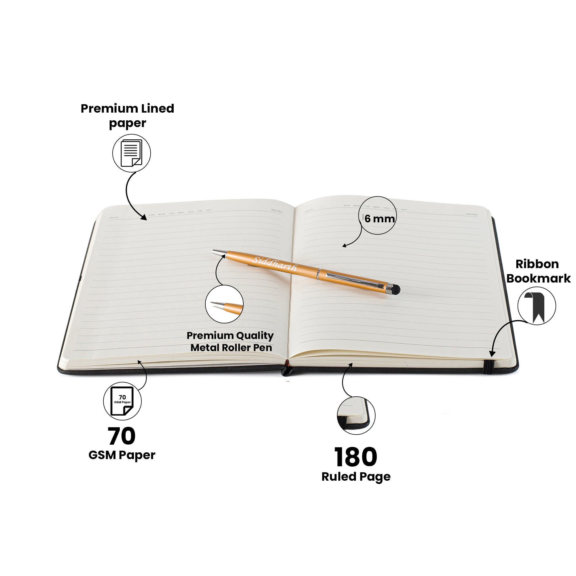 Personalized Magnetic Pen Stick Diary -A5 Size 180 Pages  (Black)