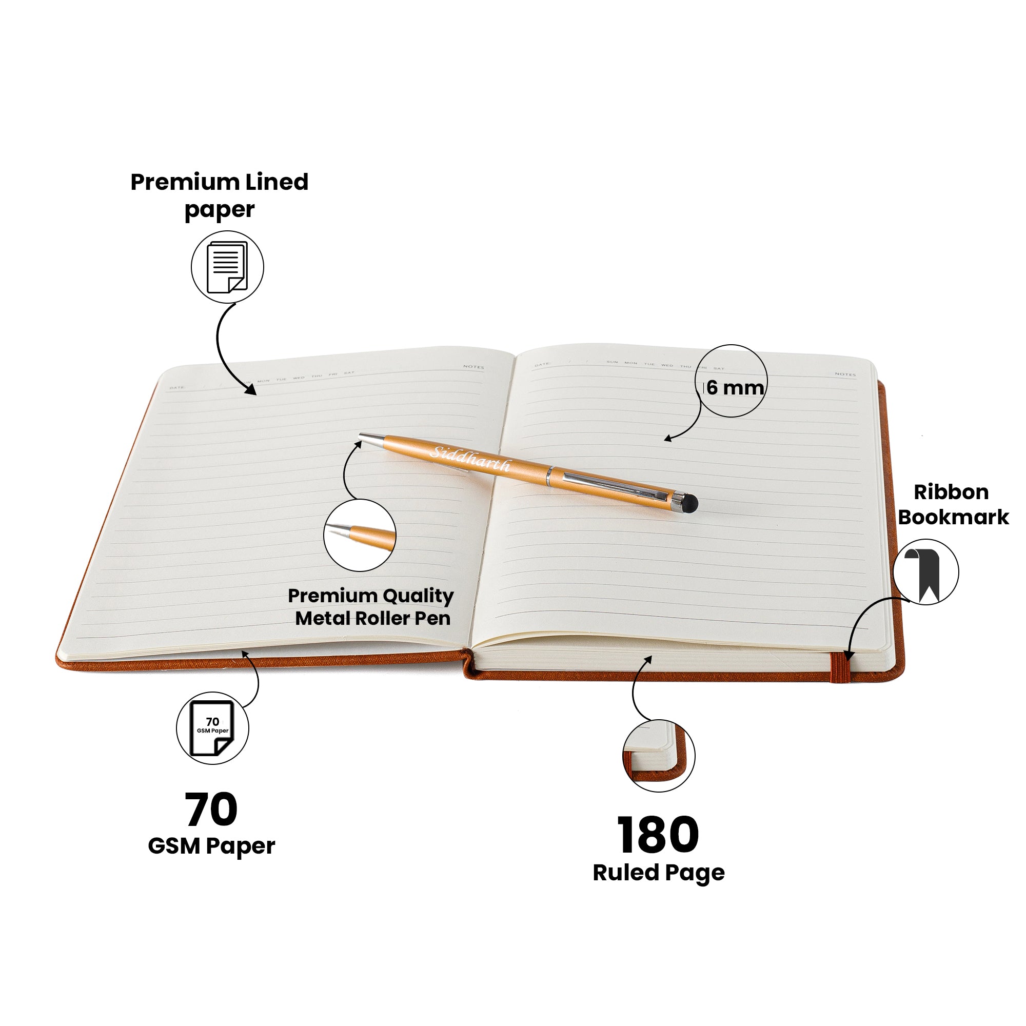 Personalized Magnetic Pen Stick Diary -A5 Size 180 Pages (Tan Brown)