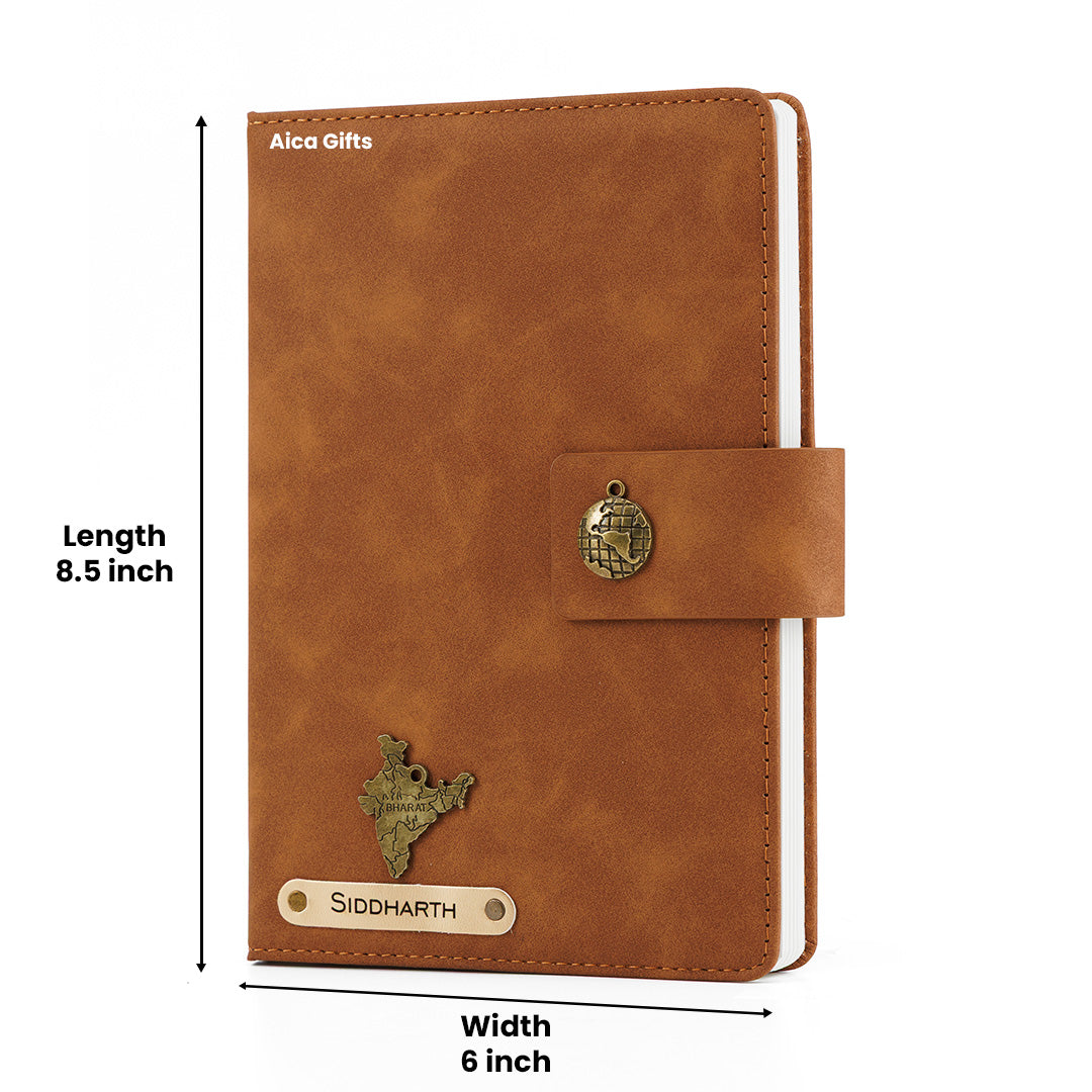 AICA Personalized Name & Charm Leather Magnetic Diary & Pen Combo (Brown)