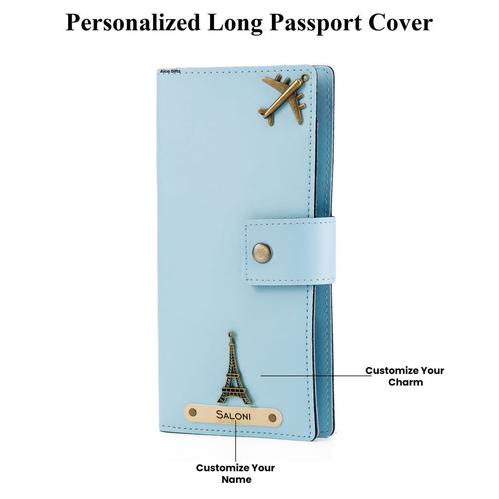 AICA Personalized Name & Charm Long Leather Wallet Passport Cover (BabyBlue)