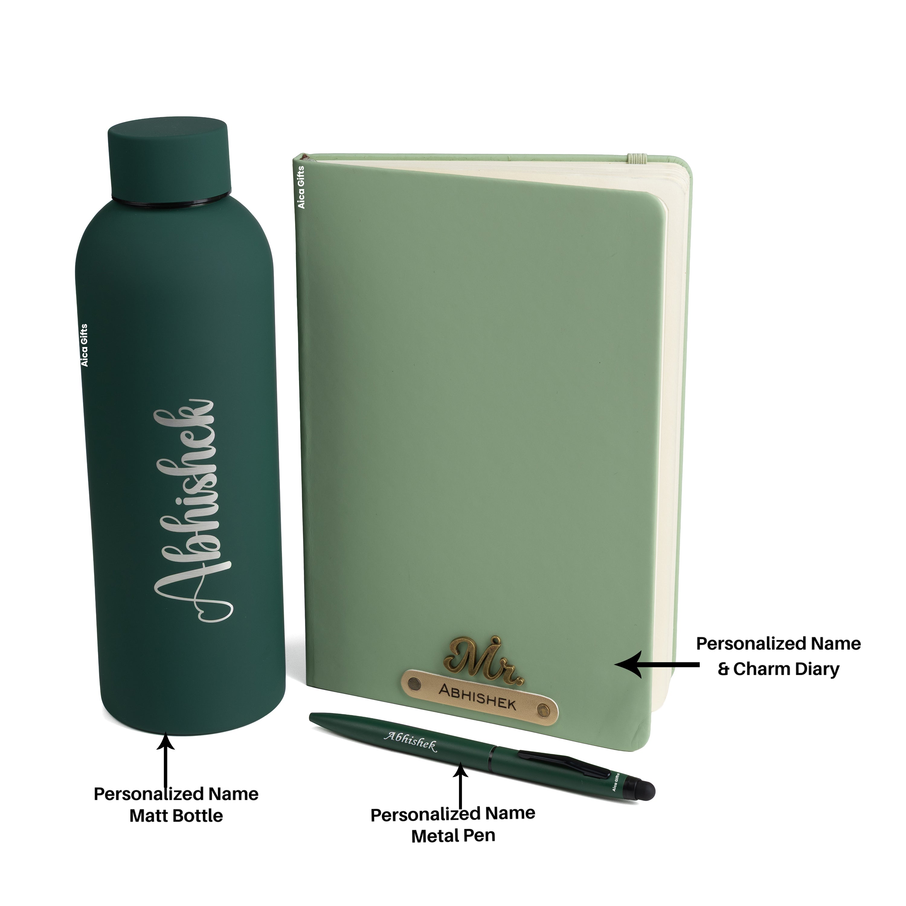 Personalized-  Pen Bottle Diary Combo Giftset - Darkgreen