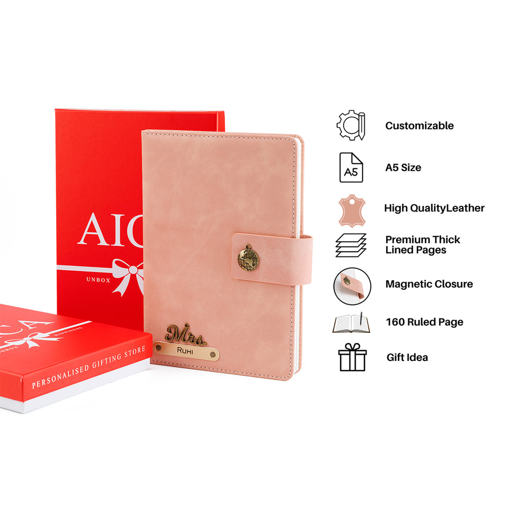 AICA Personalized Name & Charm Leather Magnetic Diary & Pen Combo (Nude Pink)