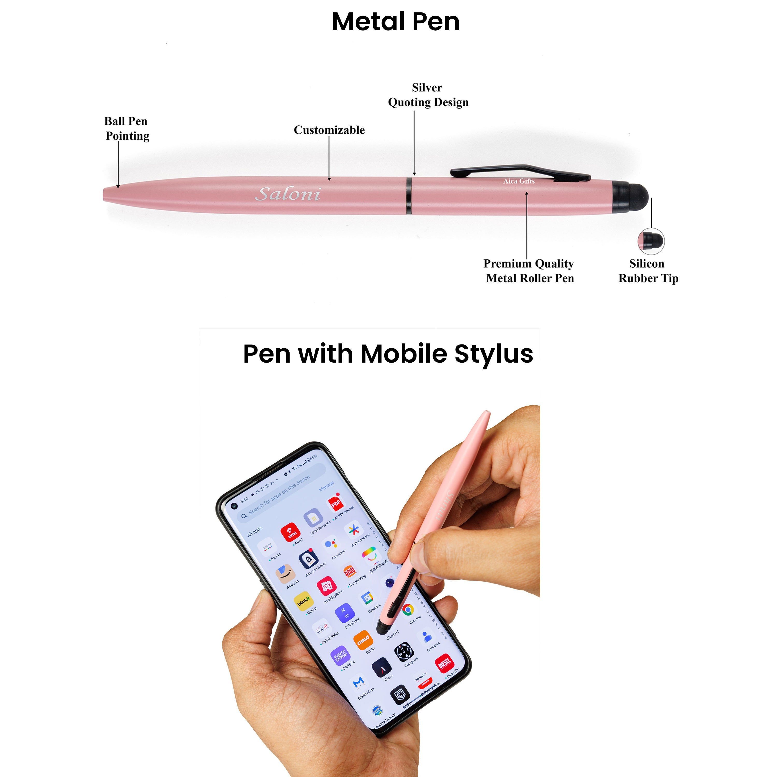 AICA Personalized Nude Pink Leather Diary & Metal Pen Combo for Men & Women( Nude Pink)